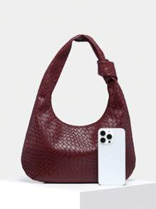 1个女士复古简约休闲仿皮安哥拉红编织纹理大容量单肩包，适合外出、约会、通勤。