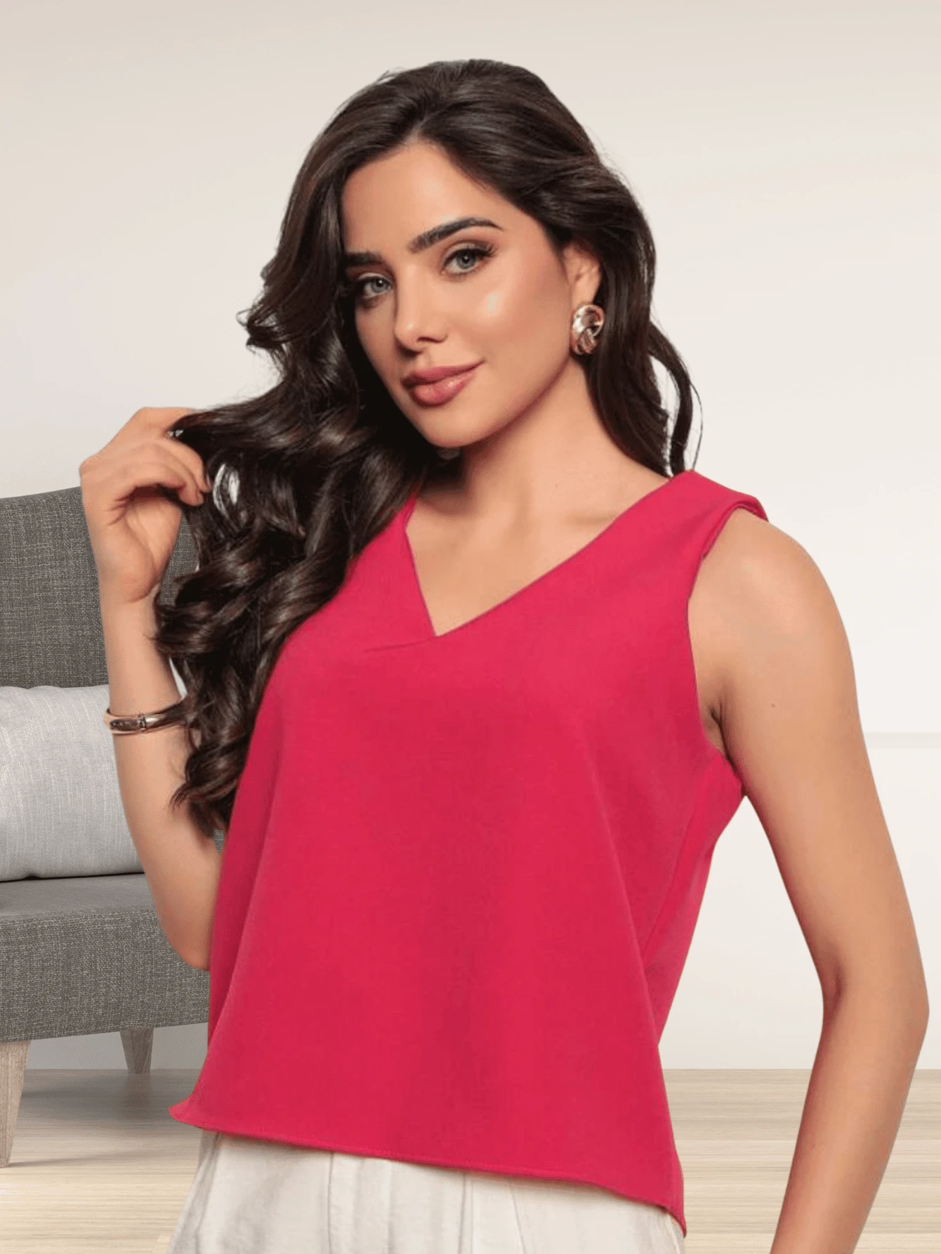 Women's Formal Blouse Tank Top Wide Strap Tailoring Fashion - 玫紅色 - 查看 1