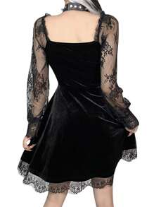 Women Gothic Dress Vintage Lace Grunge Punk Goth Dresses Casual Cosplay Party Cocktail Halloween - 黑色 - 查看 2