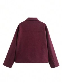 女士时尚休闲百搭纯色大口袋拉链通勤羊毛上衣外套 - 酒紅色 - 查看 5