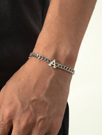 1pc Fashionable Minimalist Metal Letter Thick Chain Bracelet For Men