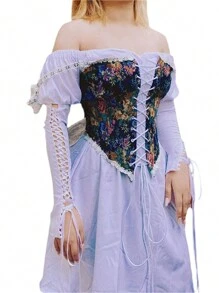 Womens Vintage Jacquard Bandage Camisole Boat Neck Flounce Irregular Suspender Corset - Black - View 4