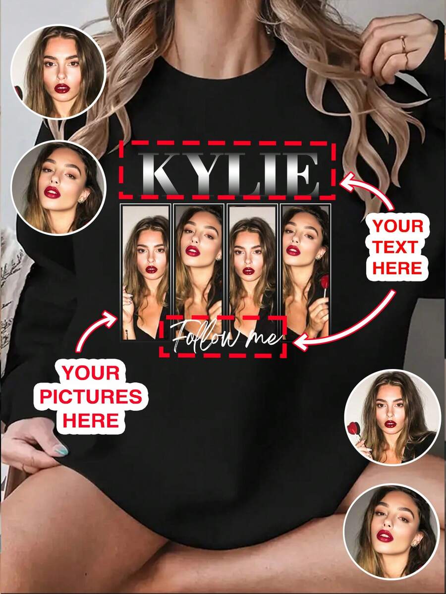 Customized Y2K Style Round Neck Sweatshirt - Personalize With Your Own Text And Photos Of Couples, Family, Pets, Friends. Custom Group For Family Gatherings. In Black Color, Suitable For Women, Autumn & Winter Wear. Great Gift For Holidays, Valentine's Day, Best Friends, Music Festivals, Parties.