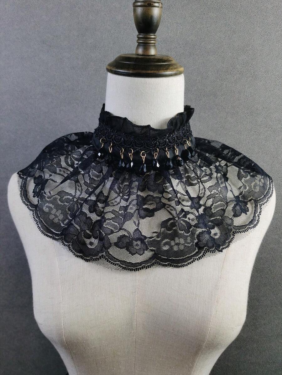 1 chiếc Áo chui đầu cổ đứng bằng Polyester (Polyester) thêu họa tiết hoa Bohemian tinh tế màu đen hòa tan trong nước, thời trang mới, cổ áo giả, mùa thu/đông - màu đen - Xem 1