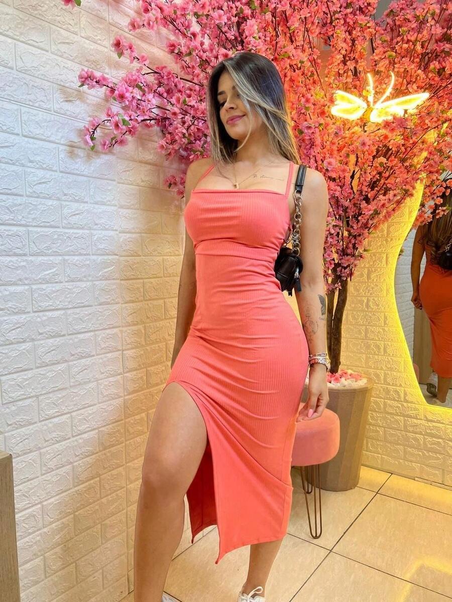 Women's Premium Ribbed Midi Dress - Summer Fashion 2024 - 珊瑚橙 - 查看 1