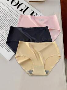 3pcs/Pack Thin Women's Sexy Solid Color Triangle Panties, Mid-Waist Ice Silk Underwear For Girls - Multicolor - View 2