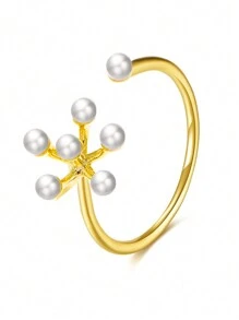 1 件时尚奢华简约设计珍珠花装饰可调节开口戒指，适合女性日常佩戴、派对配饰、送给家人朋友的生日/周年纪念礼物 - 花朵珍珠戒指 - 查看 10