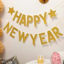 1 套新年快乐黑色和金色鱼尾铝箔五彩纸屑流苏花环派对装饰横幅 - 彩色 - 查看 8