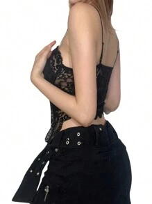 Women Lace Camisole, Sleeveless See-Through Slit Slim Summer Bralette For Club Party - 黑色 - 查看 7