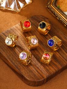 1/7 chiếc nhẫn trang trí bằng thép không gỉ màu vàng thời trang phong cách retro tròn trong suốt lớn có thể điều chỉnh được dành cho nữ phù hợp để đeo hàng ngày hoặc làm quà tặng - Vàng - Xem 10