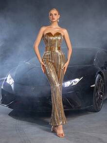 Faeriesty Strapless Buckle Belted Sequin Party Jumpsuit - Brown - View 4