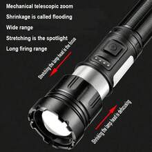 1 件装伸缩变焦高亮手电筒铝合金手电筒带侧灯电量显示可充电灯适用于户外露营家用应急照明手电筒 - 黑色 - 查看 5
