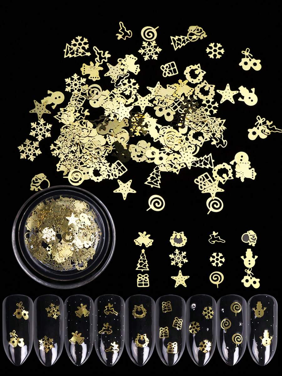 1 låda Jul Nyår Guldflingor Nagelkonst Paillett Bell Wreath Älg Julträd Gåva Snögubbe Stjärna Godis Blandad Form Nageltillbehör Vinter Semester Nagelkonst Dekoration Manikyr Tillbehör - Guld - Visa 1