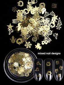 1 låda Jul Nyår Guldflingor Nagelkonst Paillett Bell Wreath Älg Julträd Gåva Snögubbe Stjärna Godis Blandad Form Nageltillbehör Vinter Semester Nagelkonst Dekoration Manikyr Tillbehör - Guld - Visa 3