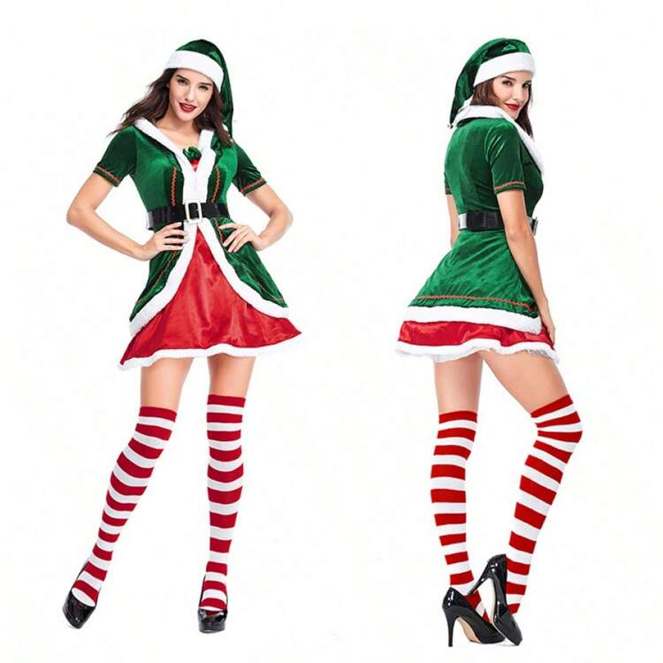 1 set Nuevo disfraz de Navidad verde, traje de celebración de fiesta, disfraz de cosplay de Navidad, vestido de Navidad 2 en 1, vestido + sombrero + calcetines de Halloween - Verde (falda+gorro+calcetines) - Añade 1