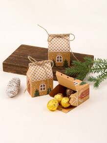 12 Stücke weihnachtliche Geschenkboxen in Hausform aus Papier mit Schnüren, Weihnachten Süßigkeitengeschenkbox, Weihnachten Keksdose, Süßigkeitendose, geeignet für Weihnachten, Hochzeiten, Geburtstagsparty Geschenke