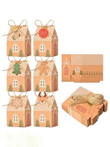 12 Stücke weihnachtliche Geschenkboxen in Hausform aus Papier mit Schnüren, Weihnachten Süßigkeitengeschenkbox, Weihnachten Keksdose, Süßigkeitendose, geeignet für Weihnachten, Hochzeiten, Geburtstagsparty Geschenke