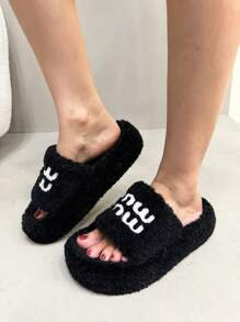 2025女式新款厚底毛绒拖鞋，适合户外穿着，秋冬，适合娇小女性的厚底一脚蹬拖鞋，4CM电梯室内/办公室拖鞋 - 黑色 - 查看 9