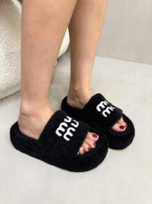 2025女式新款厚底毛绒拖鞋，适合户外穿着，秋冬，适合娇小女性的厚底一脚蹬拖鞋，4CM电梯室内/办公室拖鞋 - 黑色 - 查看 11