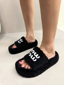 2025女式新款厚底毛绒拖鞋，适合户外穿着，秋冬，适合娇小女性的厚底一脚蹬拖鞋，4CM电梯室内/办公室拖鞋 - 黑色 - 查看 7