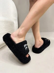 2025女式新款厚底毛绒拖鞋，适合户外穿着，秋冬，适合娇小女性的厚底一脚蹬拖鞋，4CM电梯室内/办公室拖鞋 - 黑色 - 查看 8