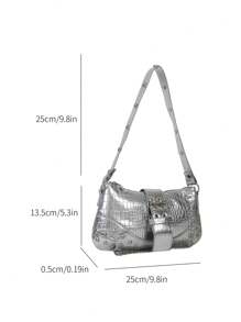 2024New Women's Underarm Bag, European And American Style Vintage Rivet Motorcycle Bag With Pleat Detail Crescent Solid Shoulder And Crossbody Bag For Women - Silver - View 2