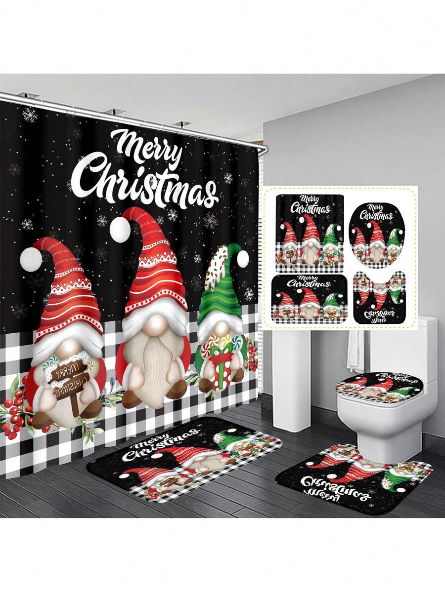 4 件套圣诞黑色雪花背景三个小矮人多功能装饰浴室防水浴帘，带 12 个挂钩、防滑浴室垫、U 型地垫和圆形马桶盖套装，适用于所有浴室场景 - 彩色 - 查看 1