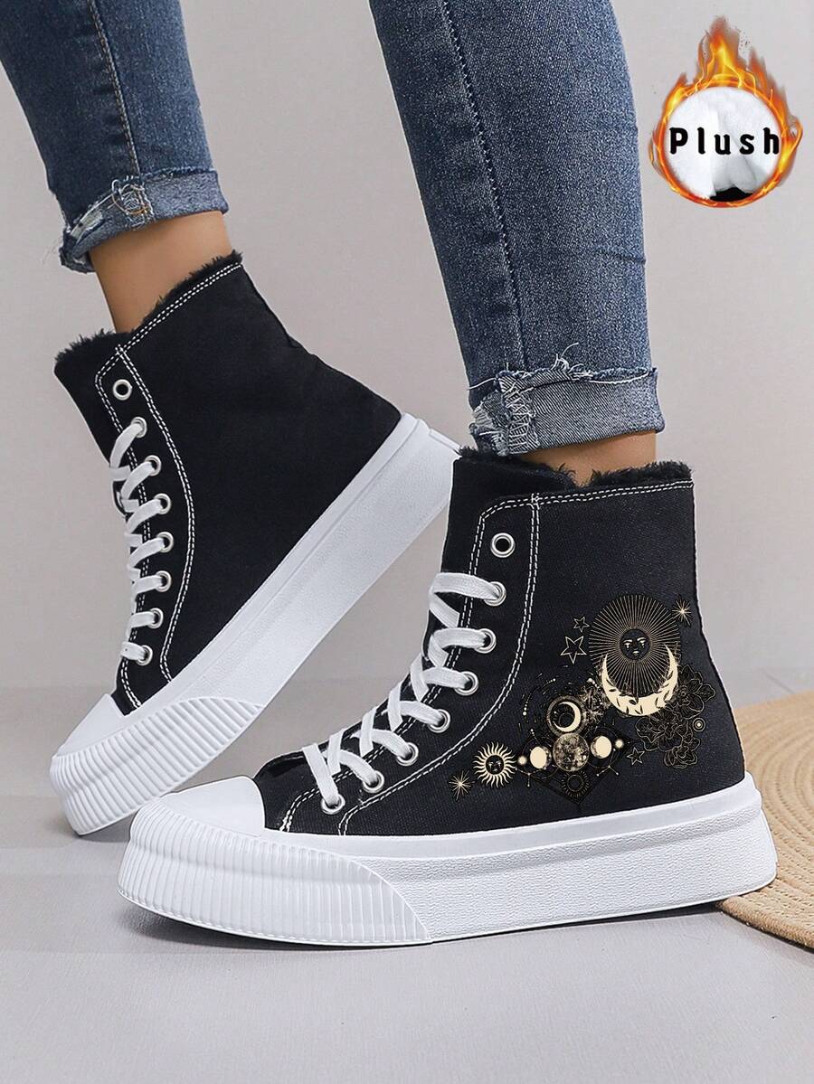 女士保暖内衬月亮和太阳印花高帮帆布冬季雪地靴，平底休闲运动鞋，日常/秋冬季，黑色 - 黑色 - 查看 1