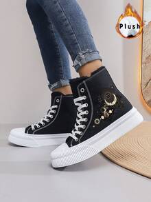 女士保暖内衬月亮和太阳印花高帮帆布冬季雪地靴，平底休闲运动鞋，日常/秋冬季，黑色 - 黑色 - 查看 3