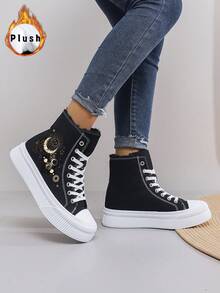 女士保暖内衬月亮和太阳印花高帮帆布冬季雪地靴，平底休闲运动鞋，日常/秋冬季，黑色 - 黑色 - 查看 2