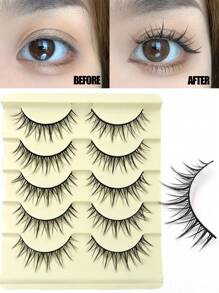 Asiteo 5 Pairs Of Luxurious Manga Lashes - Wispy Soft And Natural Look False Eyelashes ,Long-Lasting Beauty For Fashion-Forward Makeup Obsessives - Reusable For Multiple Glamorous Looks Makeup - 尖尾漫畫款 - 查看 5