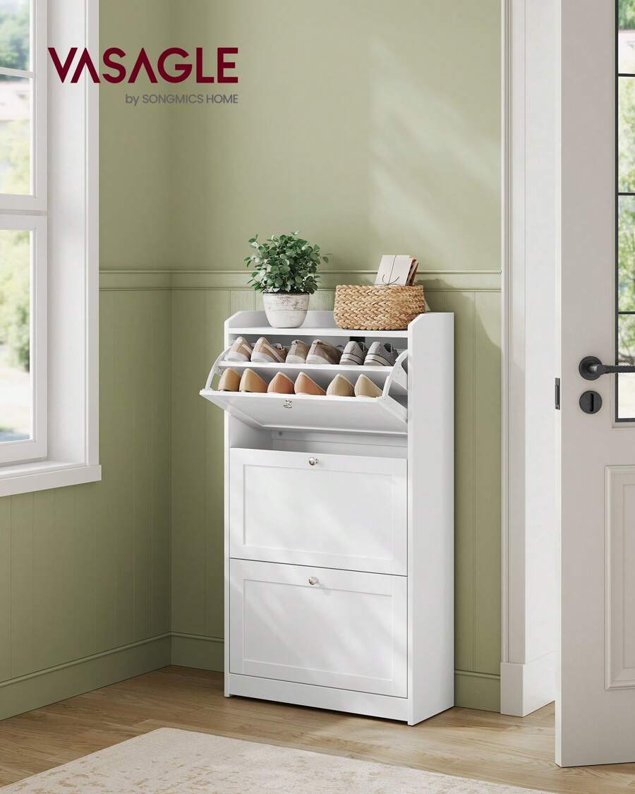 VASAGLE Shoe Cabinet With 3 Flip Drawers, Shoe Storage Cabinet, Adjustable And Removable Dividers, Holds Up To 18 Pairs Of Shoes, Entryway, 9.4 X 23.6 X 42.5 Inches - trắng - Xem 1