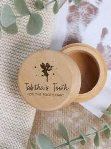1 Pc Customized Tooth Fairy Box Teeth Memorial Round Wooden Box, Personalized Name 3D Carved Gift For Boys And Girls - Brown - View 9