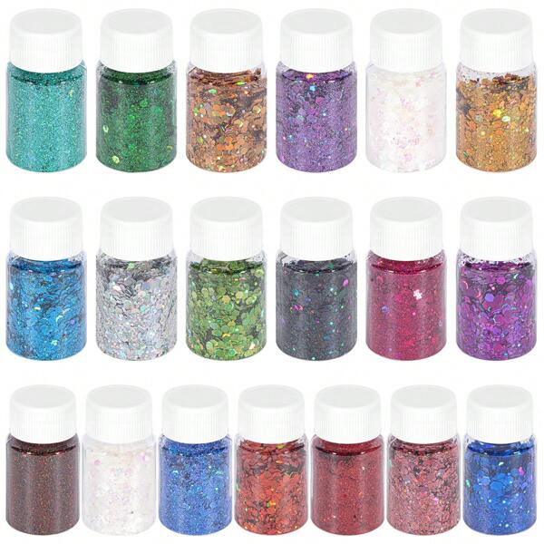 19-Color DIY Handmade Resin Crystal Epoxy Glitter Powder Mixture, Includes Laser Holographic Hexagon Glitter Flakes, 20ml, For Resin Mold Color Adjusting, Nail Art, Christmas & Halloween Glitter Decor, Arts & Crafts