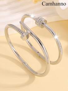 1/2/3件轻奢优雅，大气时尚不锈钢百搭旋转，单排水钻，爱心/花朵浮雕手链适合日常佩戴，节日女友情人节 - 銀色 - 查看 18