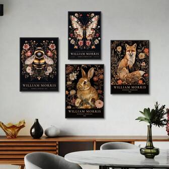 1/4 piezas Impresión de pared con flores vintage, animales e insectos sin marco, póster retro con diseños de zorro, conejo, mariposa, abeja, póster floral vintage de estilo rural, regalo vintage para ella, póster de animales de mediados de siglo - Regalo ideal