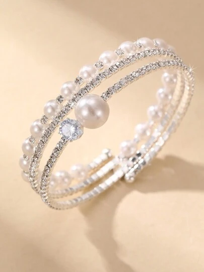 1pc Fashionable Luxurious Rhinestone & Faux Pearl Hinged Bangle Bracelet, Suitable For Wedding And Daily Wear