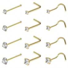 4pcs 1.5/2/2.5/3mm Shiny Cubic Zirconia Nose Piercing Jewelry, I/L/S Shape Nose Bone & Ear Piercing Accessories - Yellow Gold - View 2