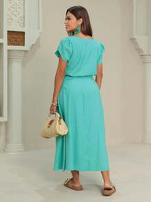 Skirt And Blouse Set In Twill Viscose Short Sleeve Blouse With Boat Neckline Midi Skirt With Flared Model With Pockets And Front Slit - 薄荷藍 - 查看 3