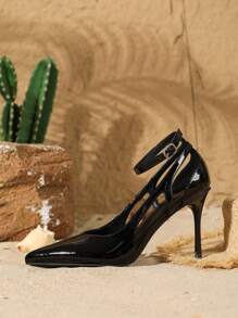 Damen Schwarze spitz zulaufende Lackleder Riemchen High Heel Pumps, elegante Party-/Abendbekleidung - Schwarz - Übersicht 4