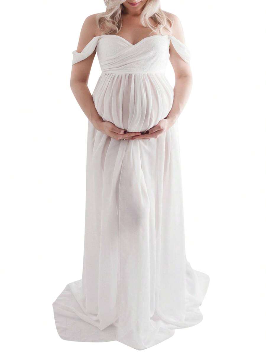 Maternity Dress For Photography Solid Color Off-Shoulder Chiffon Gown Front Split Long Pregnancy Dresses For Photoshoot - 白色 - 查看 1