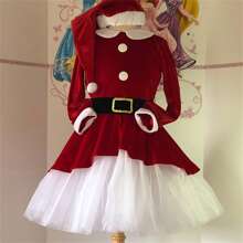 Women Christmas Santa Claus Dress Velvet Long Sleeve Mesh Hem Dress Cosplay Costume - 紅色 - 查看 3