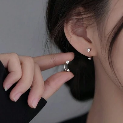  1 对 S925 纯银星形螺丝耳环，适合女士，简约时尚可爱锆石耳钉，奢华设计高端礼物