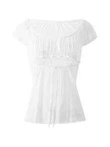 Y2K Fairy Grunge Crop Top For Women Short Sleeve Lace Patchwork T-Shirt Aesthetic Slim Fit Cute Babydoll Top Tees - 白色 - 查看 1