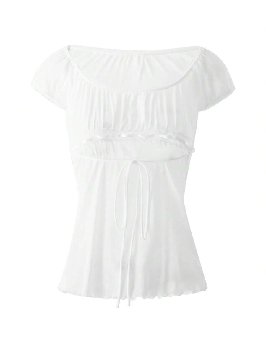 Y2K Fairy Grunge Crop Top For Women Short Sleeve Lace Patchwork T-Shirt Aesthetic Slim Fit Cute Babydoll Top Tees - 白色 - 查看 1