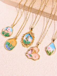 1pc Vintage-Inspired Women Jewelry Asymmetrical Pendant Necklace With Pearl, Rose Flower, Wheat Spikes & Colorful Floral Painting Design Valentines,Mom,Mother,Mother's Day,Gift - Multicolor - View 2