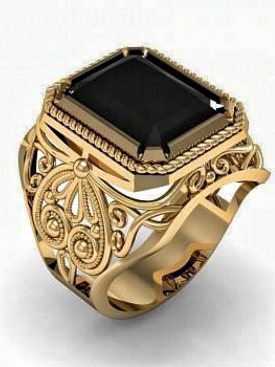 1 chiếc nhẫn thời trang nam sang trọng - Cubic Zirconia đen, thiết kế hoa may mắn thời trang, thích hợp cho tiệc, tiệc chiêu đãi doanh nghiệp, đám cưới và các dịp trang trọng - màu đen - Xem 1