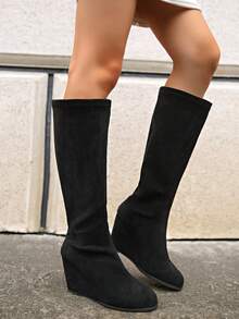 Kozaki za kolano damskie, 2024 jesień/zima nowość, wysoka cholewka, mały wzrost, obcas klinowy, wysoki obcas, uniwersalne długie buty