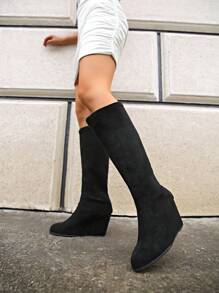 Kozaki za kolano damskie, 2024 jesień/zima nowość, wysoka cholewka, mały wzrost, obcas klinowy, wysoki obcas, uniwersalne długie buty