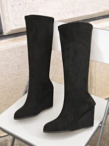 Kozaki za kolano damskie, 2024 jesień/zima nowość, wysoka cholewka, mały wzrost, obcas klinowy, wysoki obcas, uniwersalne długie buty